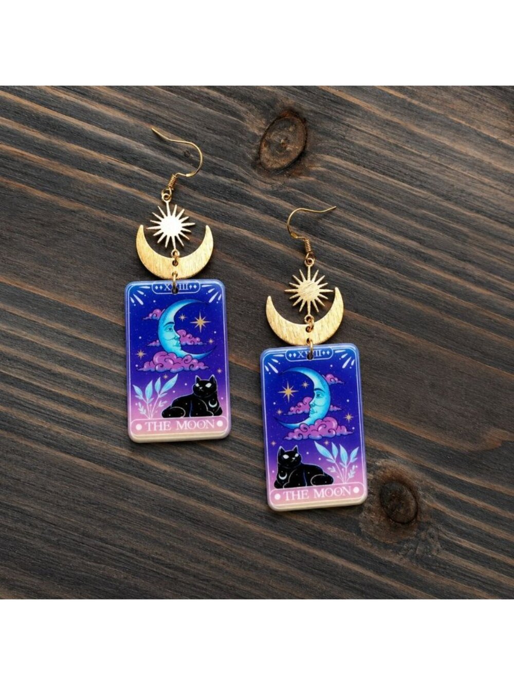 The Moon Black Cat Tarot Style Dangle Earrings Acrylic Handmade Celestial Sun - Picture 4 of 5
